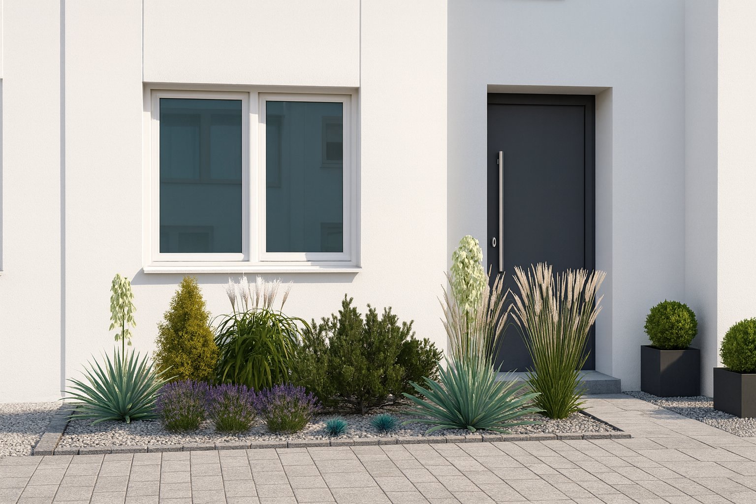 In summer, this showcase bed by the home's entrance combines aromatic lavender with striking grasses and evergreen conifers, creating an elegant calling card for modern architecture