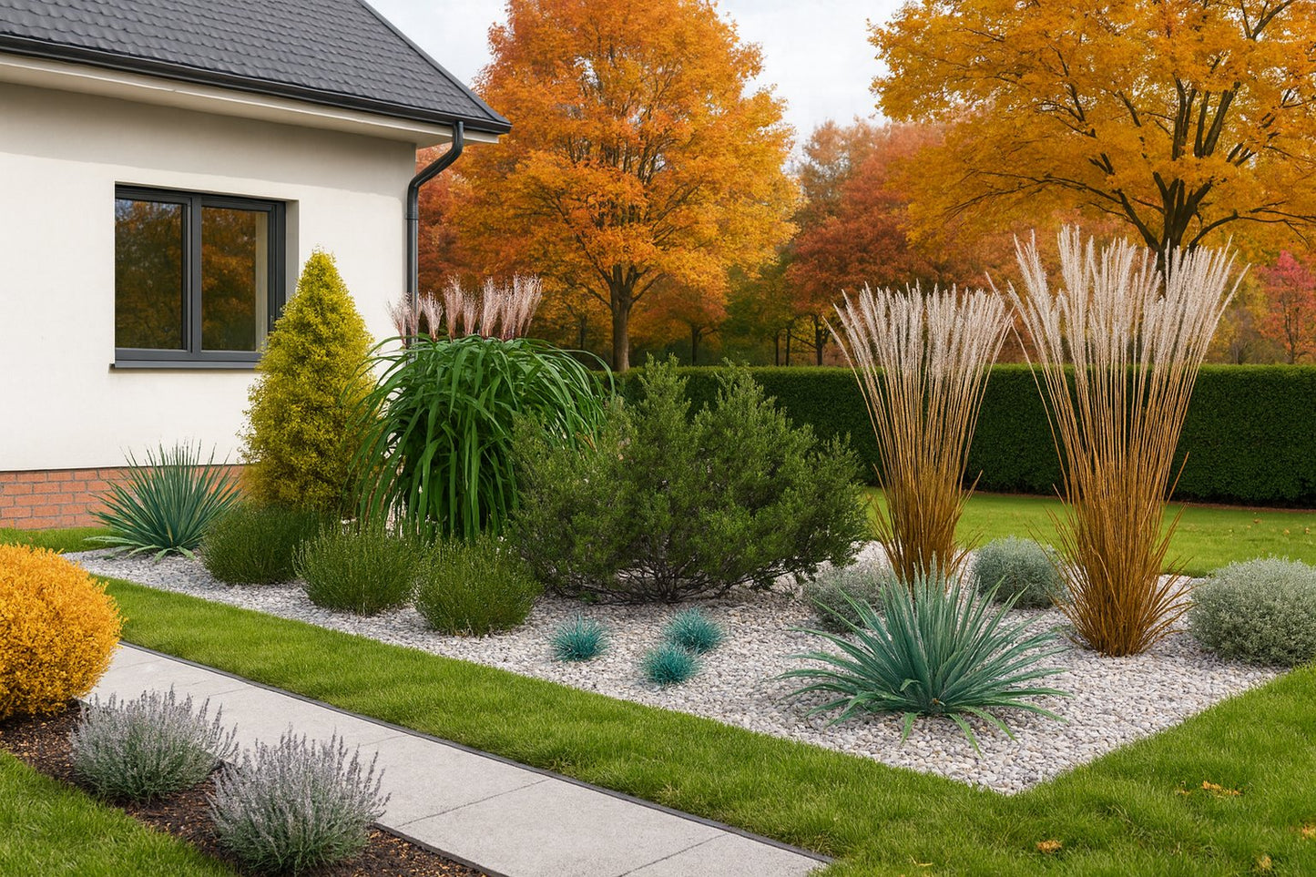 In autumn, the bed charms with the warm tones of golden ornamental grasses and evergreen conifers, elegantly framing the path leading to the house