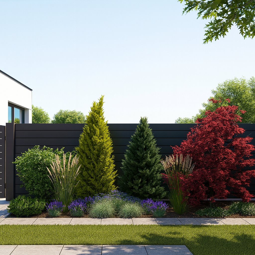 Summer harmony with lush feather reed grasses, an intensely red Japanese maple, and purple speedwells against structural conifers along the fence