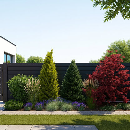 Summer harmony with lush feather reed grasses, an intensely red Japanese maple, and purple speedwells against structural conifers along the fence