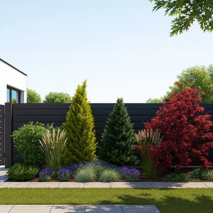Summer harmony with lush feather reed grasses, an intensely red Japanese maple, and purple speedwells against structural conifers along the fence