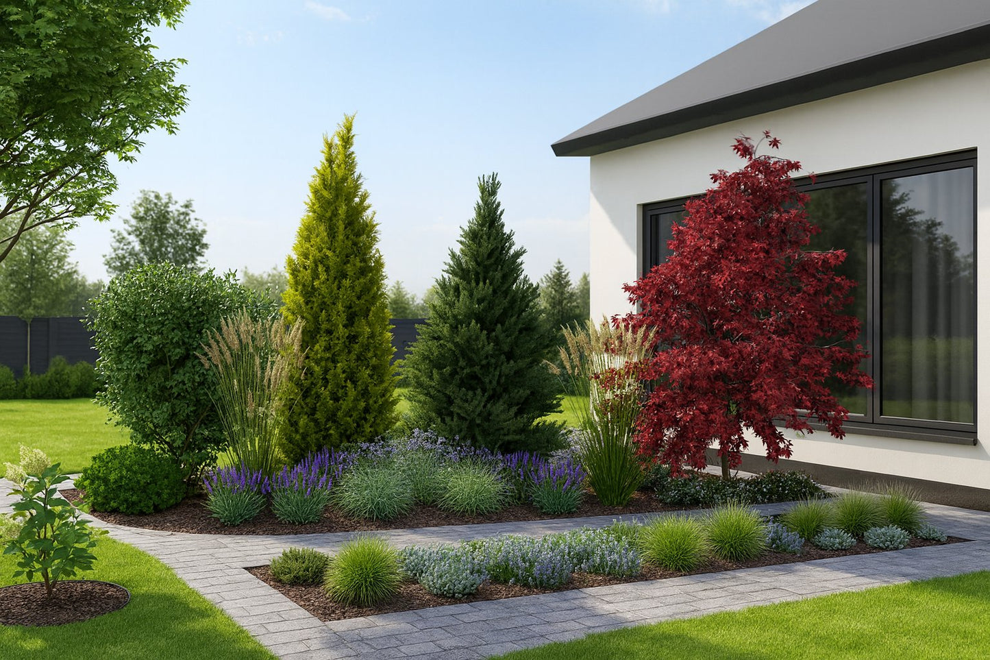 A striking composition by the house with tall conifers and ornamental grasses, creating a natural boundary between the terrace and the lawn