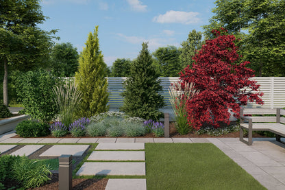 Multi-layered bed by the terrace in summer, with a dominant red Japanese maple and ornamental grasses, ensuring seclusion for the relaxation area