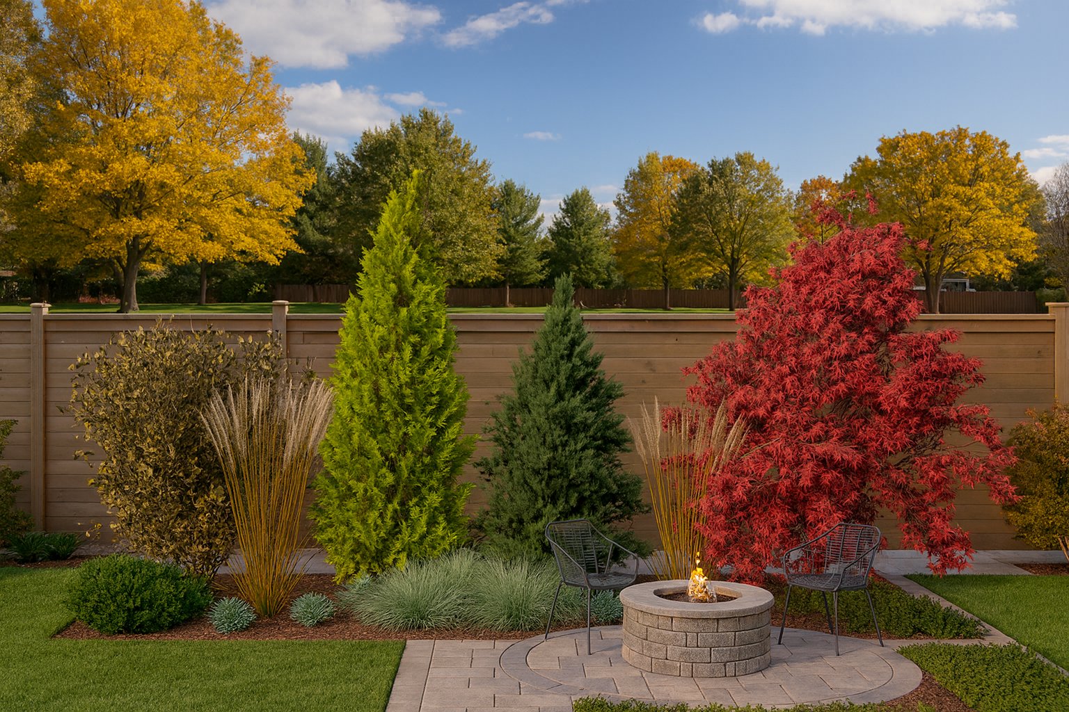 Autumn magic by the relaxation area, with a Japanese maple blazing red and golden feather reed grasses against evergreen conifers