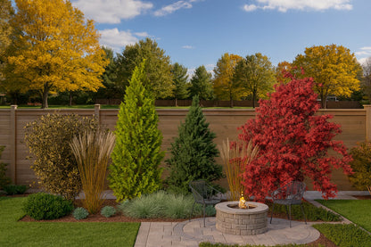 Autumn magic by the relaxation area, with a Japanese maple blazing red and golden feather reed grasses against evergreen conifers