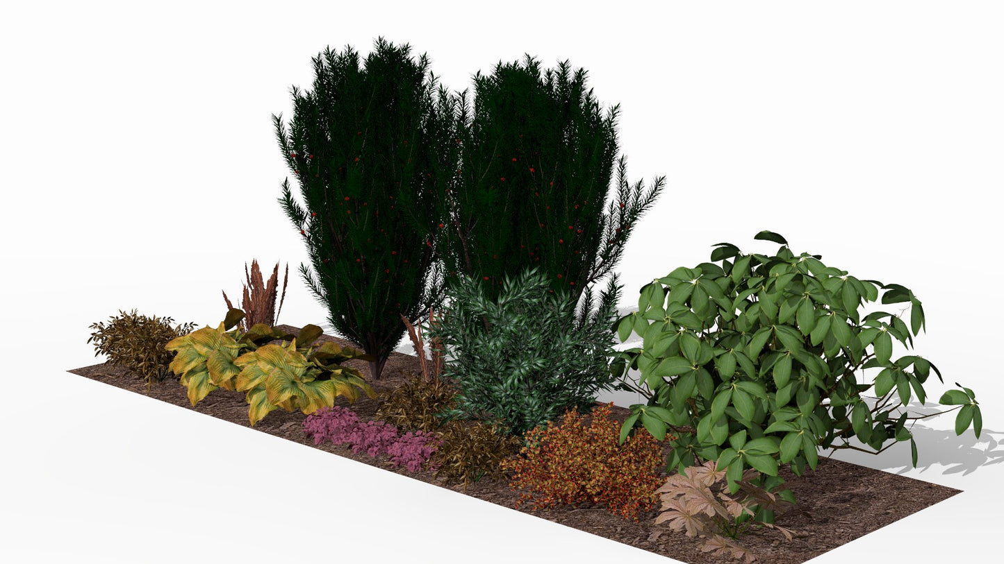 The autumn bed with yellowing leaves, brown fern accents, and colorful contrasts against the dark green backdrop