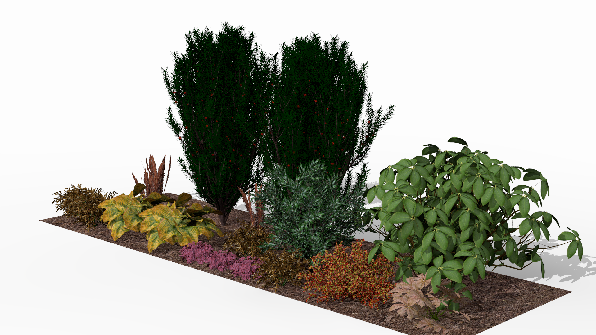 The autumn bed with yellowing leaves, brown fern accents, and colorful contrasts against the dark green backdrop