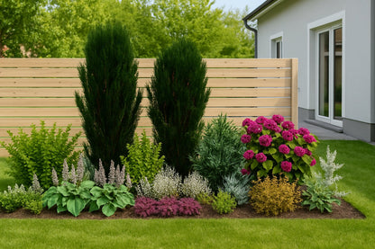 At the turn of spring and summer, the bed by the fence stands out with a flowering rhododendron and colorful coral bells against the taller yews