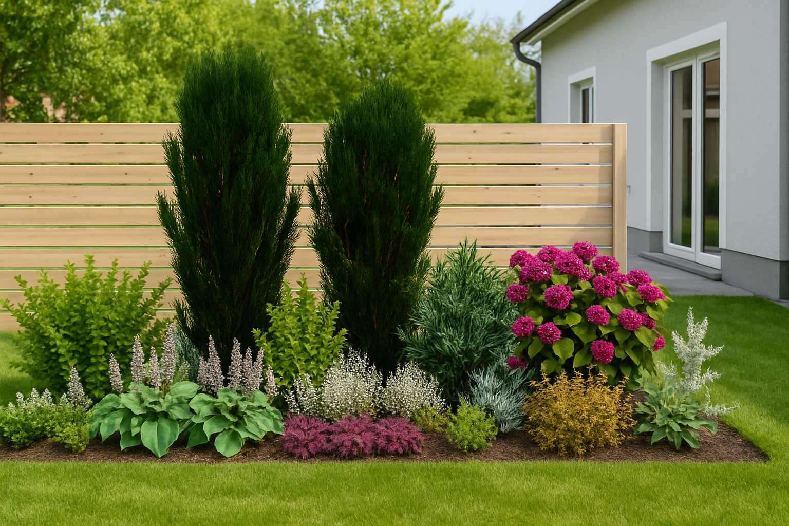 At the turn of spring and summer, the bed by the fence stands out with a flowering rhododendron and colorful coral bells against the taller yews