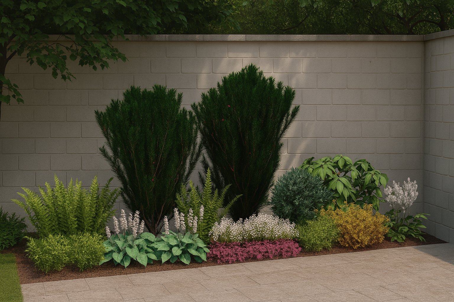 In summer, the bed by the wall - with flowering hostas, colorful coral bells, ferns, and yews - completes a private outdoor space