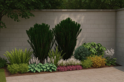 In summer, the bed by the wall - with flowering hostas, colorful coral bells, ferns, and yews - completes a private outdoor space