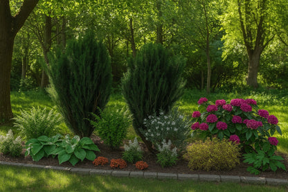 The bed in spring under tree canopies - a flowering rhododendron, unfurling hostas, delicate ferns, and yews creating a woodland atmosphere in the garden