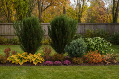 The autumn bed with yellowing hostas, purple coral bells, and brown ferns against a backdrop of evergreen yews