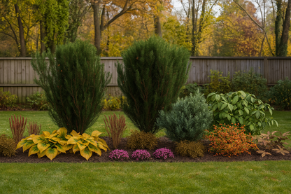The autumn bed with yellowing hostas, purple coral bells, and brown ferns against a backdrop of evergreen yews